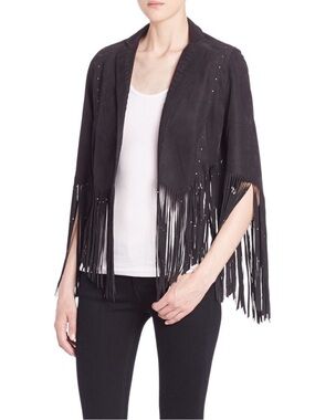 REBECCA MINKOFF Suede Crescent Fringe Jacket BLACK Size Small